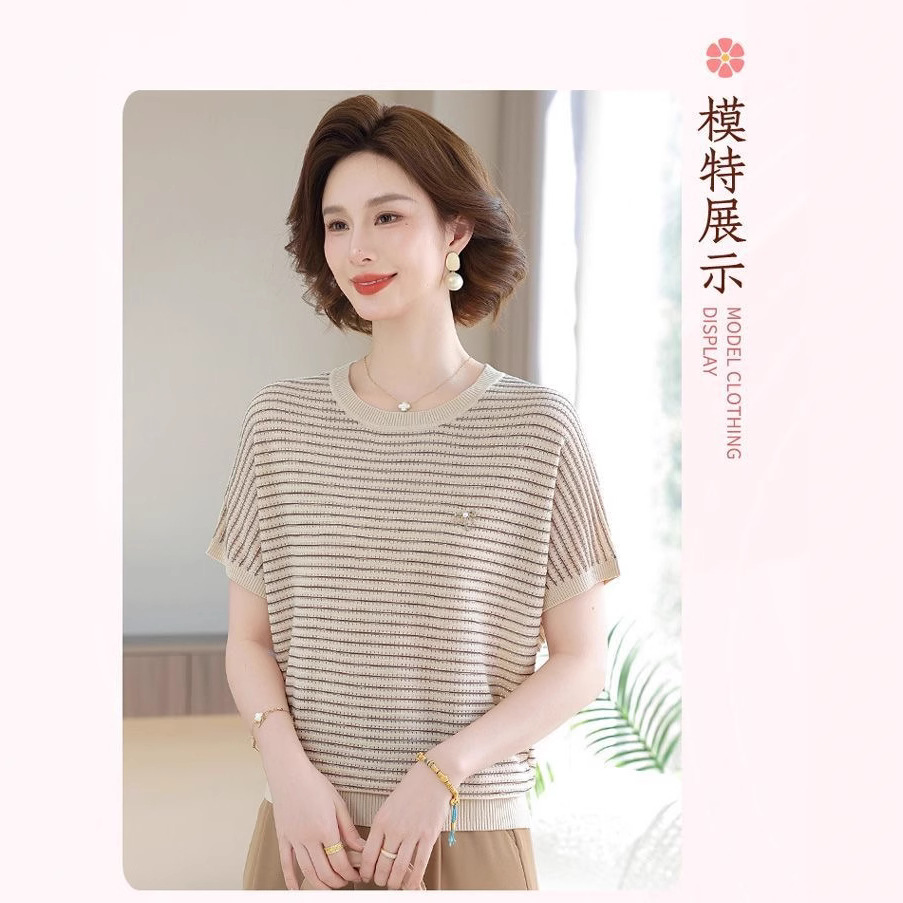 夏季妈妈装短袖上衣中年女式针织衫宽松圆领女士薄款t恤婆婆衣服