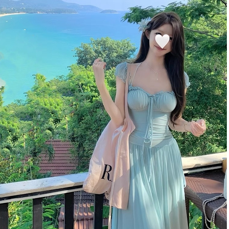 French Seaside Vacation Style Elegant Waist Long Dress Mesh Design Sense Slimming Gentle Square Collar Mint Dress French Seaside Vacation Style Elegant Waist Long Dress Mesh Design Sense Slimming Gentle Square Collar Mint Dress