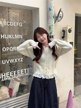 2025新款秋装韩系设计感高级感圆领抽绳收腰显瘦荷叶边长袖毛衣女