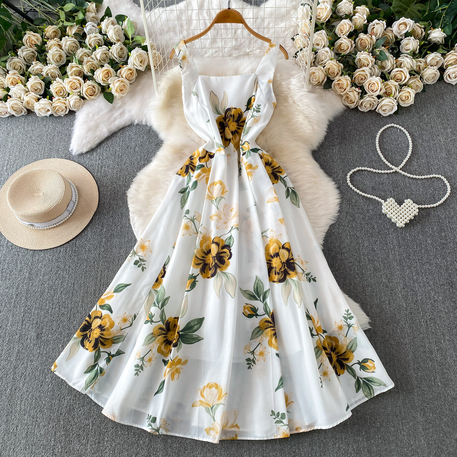 Romantic Floral Print Square Neck Dress European American Style Summer Suspender High Waist Cinching Slimming Full Skirt Women's Clothing_ecoleips.com