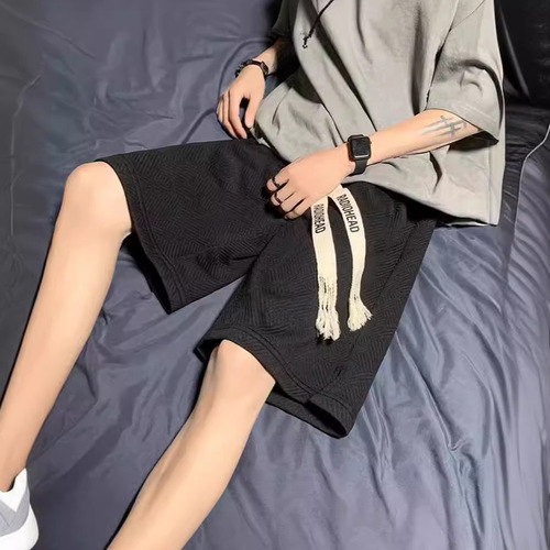 2024 American Men's Knee-length Waffle Shorts Summer Casual Knitting Drawstring Sports Loose Sportswear 