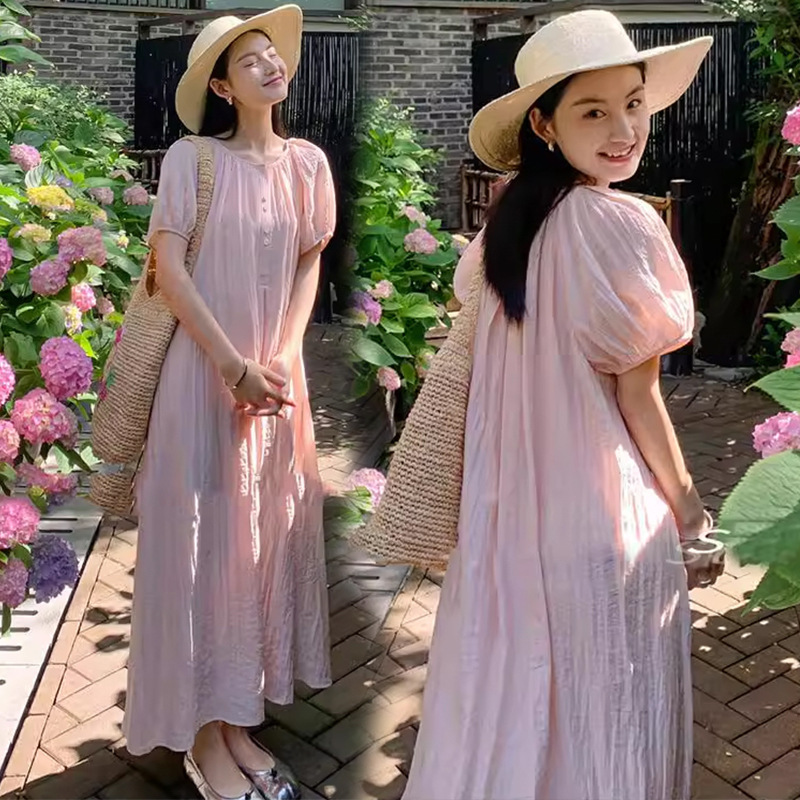 Fashionable Maternity Summer New Style Simple Korean-Style Loose-Fitting Slimming Long Dress French-Style Dress with Buttons That Can Be Opened for Breastfeeding Fashionable Maternity Summer New Style Simple Korean-Style Loose-Fitting Slimming Long Dress French-Style Dress with Buttons That Can Be Opened for Breastfeeding