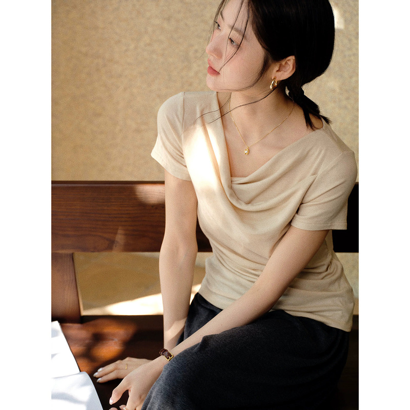 French-Style Drape Collar Short-Sleeve T-Shirt for Women, Summer Lyocell Tencel Wool Retro Slim-Fit Top French-Style Drape Collar Short-Sleeve T-Shirt for Women, Summer Lyocell Tencel Wool Retro Slim-Fit Top