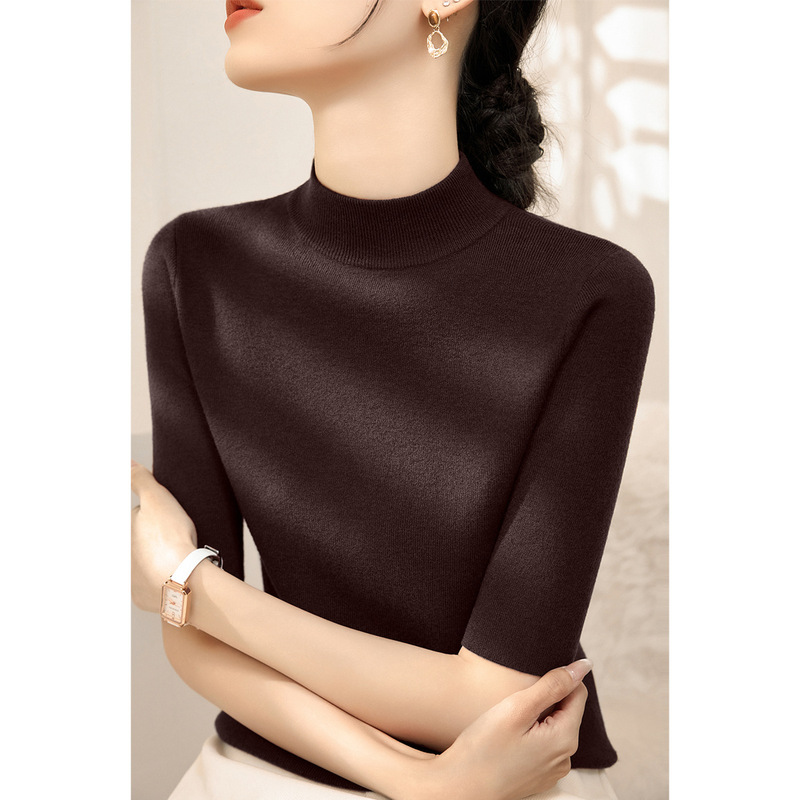 2025 New Autum Slim Fit Three-Quarter Sleeve Knitwear Dark Brown Elegant Half Turtleneck Inner Layering Top