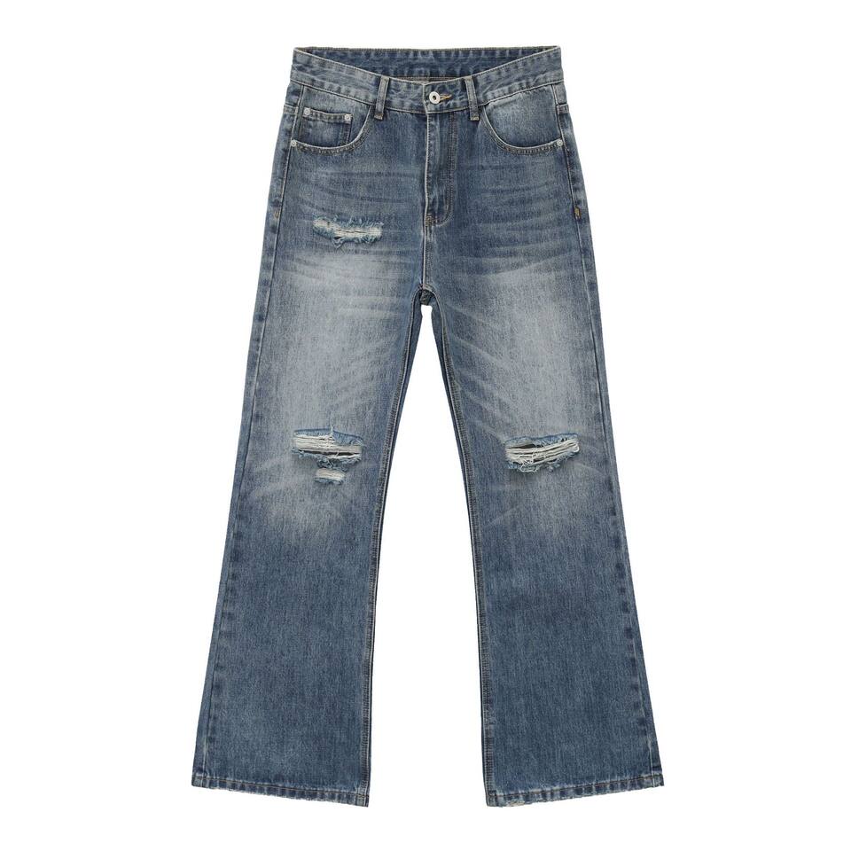 Quần jean nam ống loe nhẹ rách gối phong cách retro, dáng rộng ống suông tôn dáng, quần dài casual — Xanh nhạt, Xanh đậm