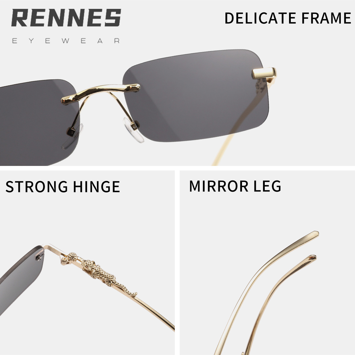 Moda europea y americana nuevas gafas de sol rectangulares sin marco Gafas de sol decorativas de leopardo de personalidad masculina Gafas de sol de tendencia transfronteriza