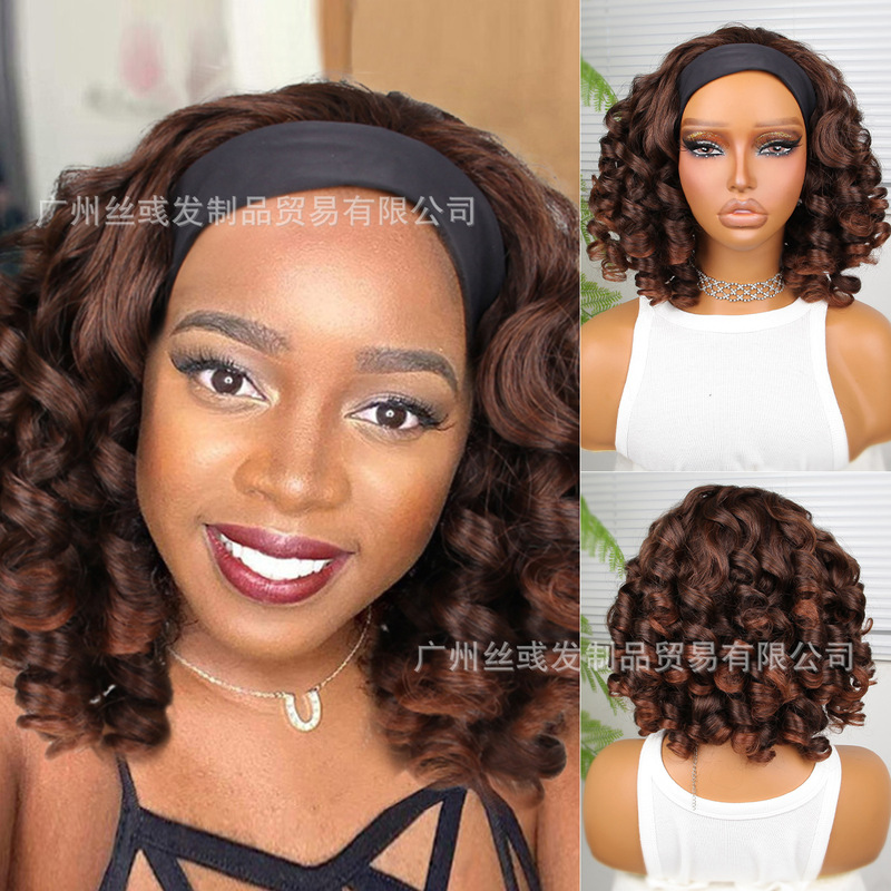 12 inch wig clavicle short hair egg roll head short curly hair chemical fiber high temperature resistant silk hair band integrated wig