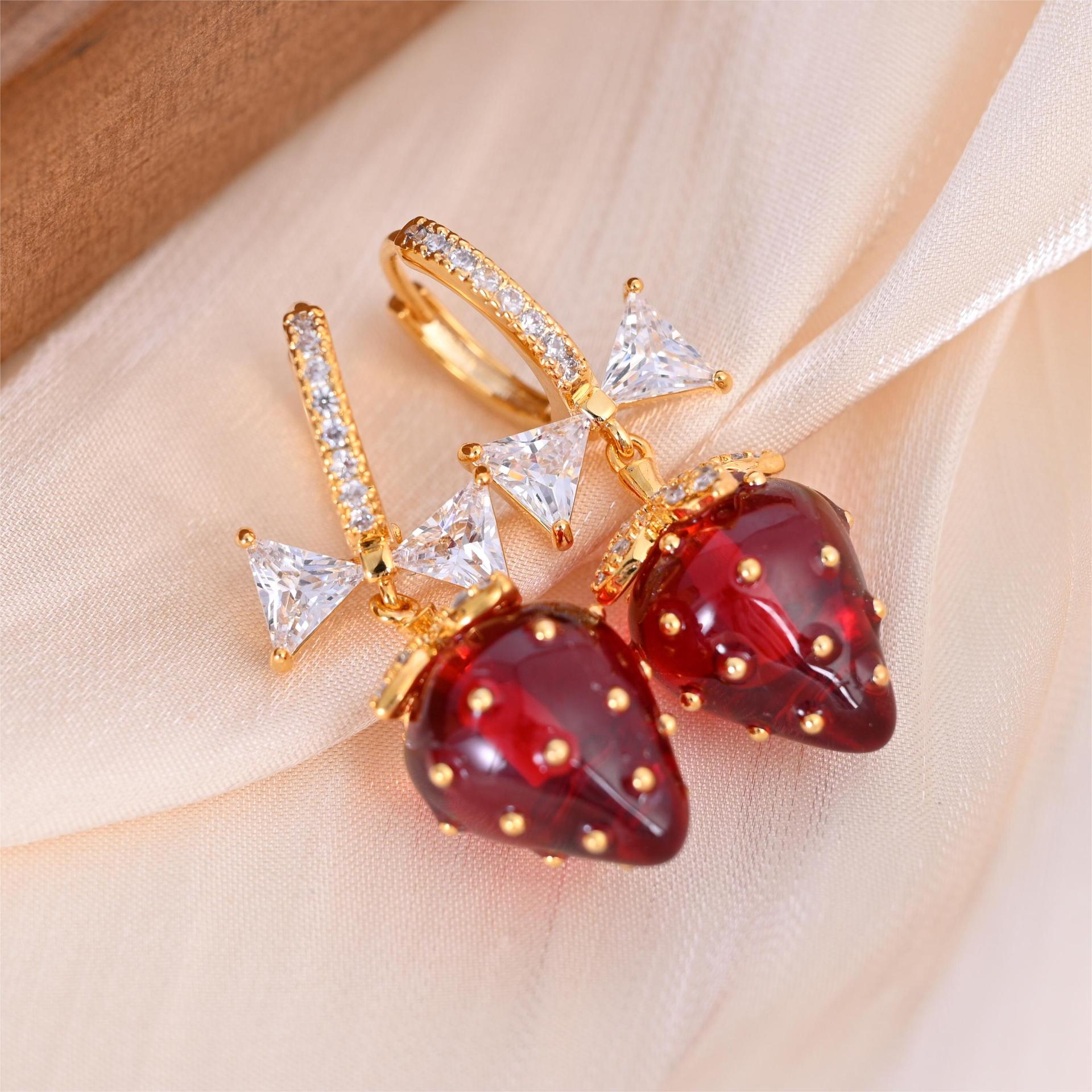 Holiday, Daily Occasion 1 Pair Cute Sweet Fruit Strawberry Plating Resin Copper Zircon Drop Earrings