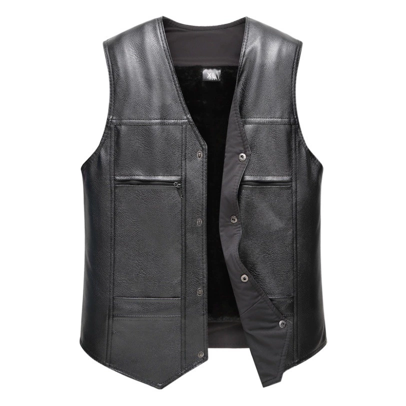 Полная сеть, низкая цена, осенне-зимний повседневный жилет среднего возраста на флисовой подкладке, утолщенный теплый кожаный жилет большого размера, кожаная куртка, мужская одежда