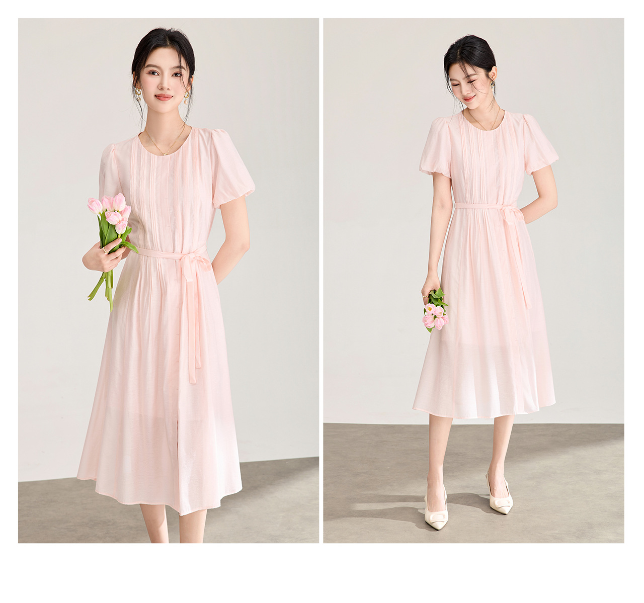 Đầm maxi nữ cổ tròn thắt lưng ren dáng dài — xanh lam chi tiết 20