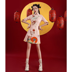 Chinese dress paragraph young girl Retro Printed Chinese Dresses Qipao Side slit Asian Theme Party Cosplay Dresses for women girls pink Chinese wind