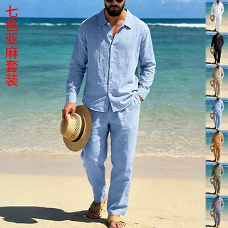 跨境欧美男士新款亚麻休闲宽松沙滩衬衫长袖长裤套装宽松欧码两件