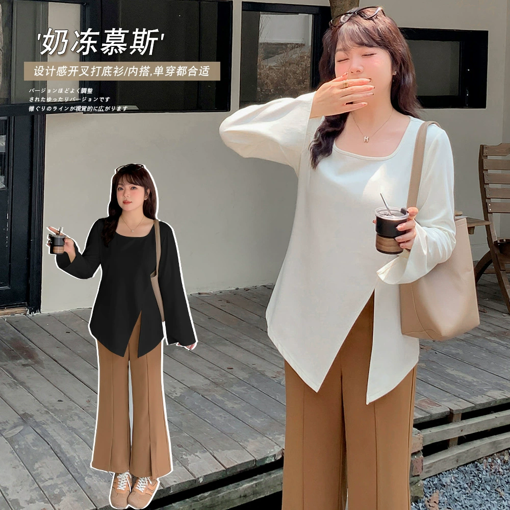 MJ300 Xuanchen, рубашка больших размеров в корейском стиле с разрезом, осенняя новинка, женская футболка с длинным рукавом больших размеров.