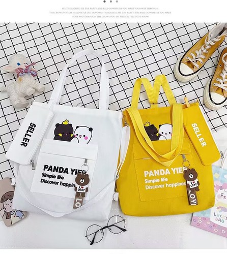 One-shoulder canvas bag cartoon bear two-piece set student double-back canvas bag crossbody large capacity tote bag