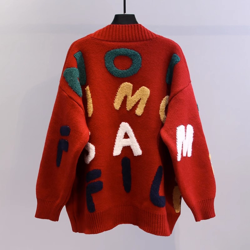 Women's Clothing Fat mm stylish horn button letter sweater jacket for women autumn and winter new large size loose lazy style knitted cardigan_voghion.com