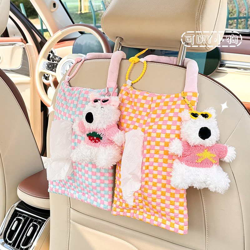 Caja de pañuelos de coche de dibujos animados rojo creativo neto coche colgante toalla de papel caja de dibujo lindo cachorro coche bolsa de pañuelos mujer