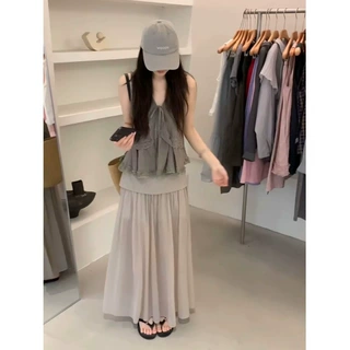 芊语 韩系V领蕾丝花边无袖背心上衣女夏季高腰A字半身裙套装
