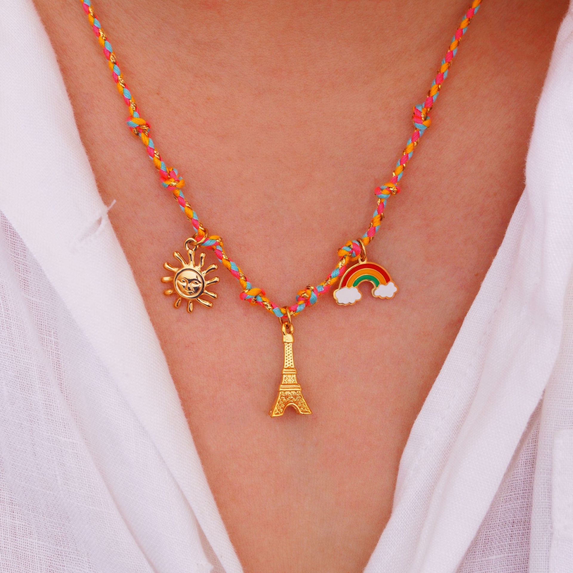 Multi Charms Necklace Classification rope Chain Material Modern Style Eiffel Tower Sun Rainbow Natural Stone Rope Titanium Steel Cord String Pendant Necklaces Wholesale