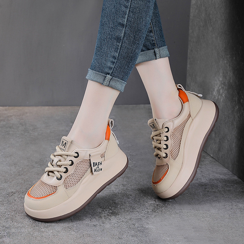 Giày sneaker nữ đế dày da bò lưới thoáng khí phong cách thể thao — Màu be