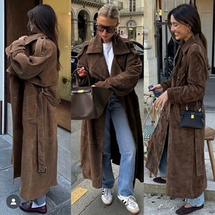 2025 spring new European and American cross-border women's clothing temperament fashion suede texture long lace-up coat w091 2356