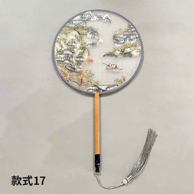 Abanico de grupo bordado Abanico redondo clásico Abanico de palacio Hanfu chino Estilo antiguo Mango largo Borla Cheongsam Ventilador de baile de seda transparente