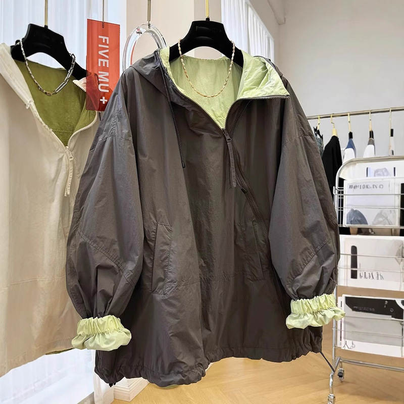 Design Sense Oblique Zipper Double Wearing Hooded Thin Jacket Women's 2025 Summer Loose Casual Charge Clothes Sun Protection Clothes Design Sense Oblique Zipper Double Wearing Hooded Thin Jacket Women's 2025 Summer Loose Casual Charge Clothes Sun Protection Clothes