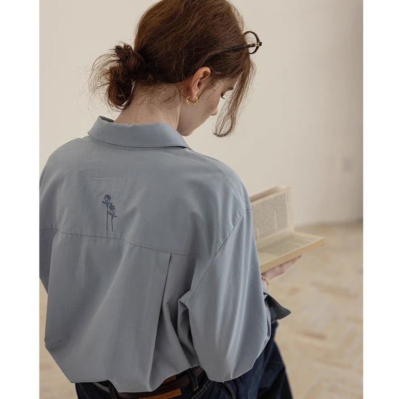 Dailyart "Frida's Rose" Suede Forged French Commuter Long-Sleeved Shirt with Embroidered Back