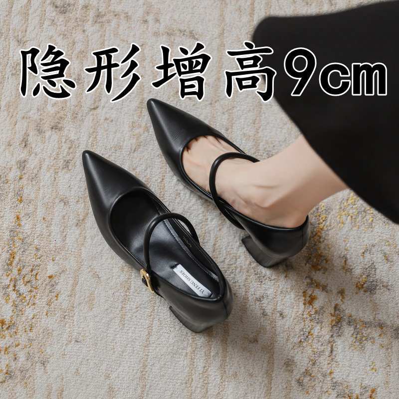 Sheepskin Version~9Cm Hidden Heel Pointed-Toe High-Heeled Shoes, French-Style Gentle Evening Style Chunky Heel Mary Jane Shoes for Women