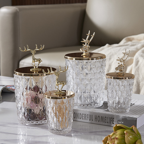 European-style luxury high-end crystal glass candy jar with metal lid transparent toothpick and cotton swab holder, home living room decoration