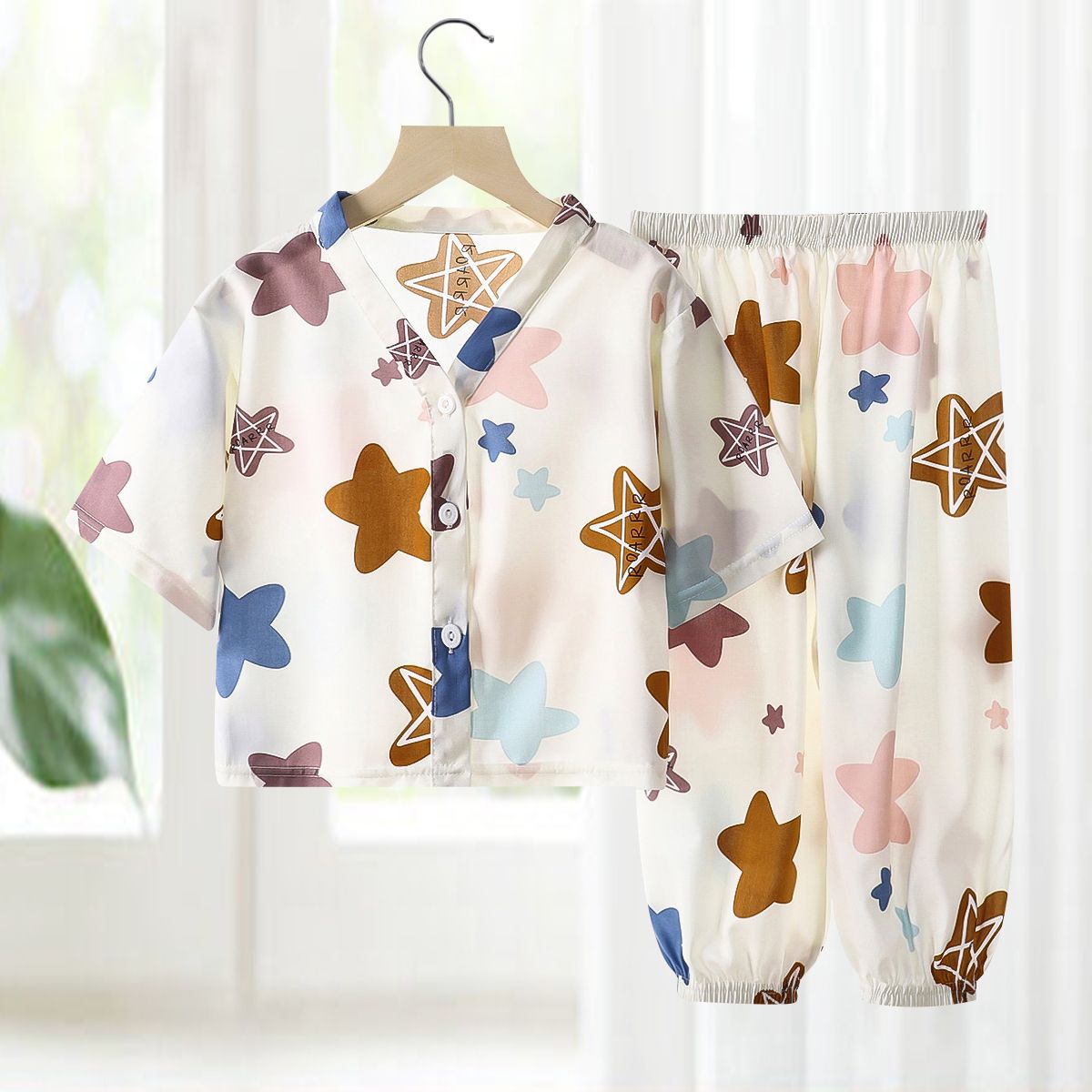 Pajamas de seda de algodón para niños, ropa de aire acondicionado de algodón artificial de verano, ropa para niños y niñas, ropa para el hogar de seda de algodón, dos juegos de ropa infantil