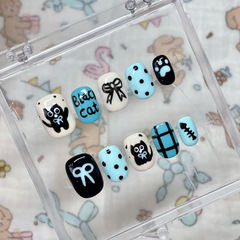 網紅款打領結小黑貓手繪穿戴甲可愛ins風藍色小清新少女美甲貼片