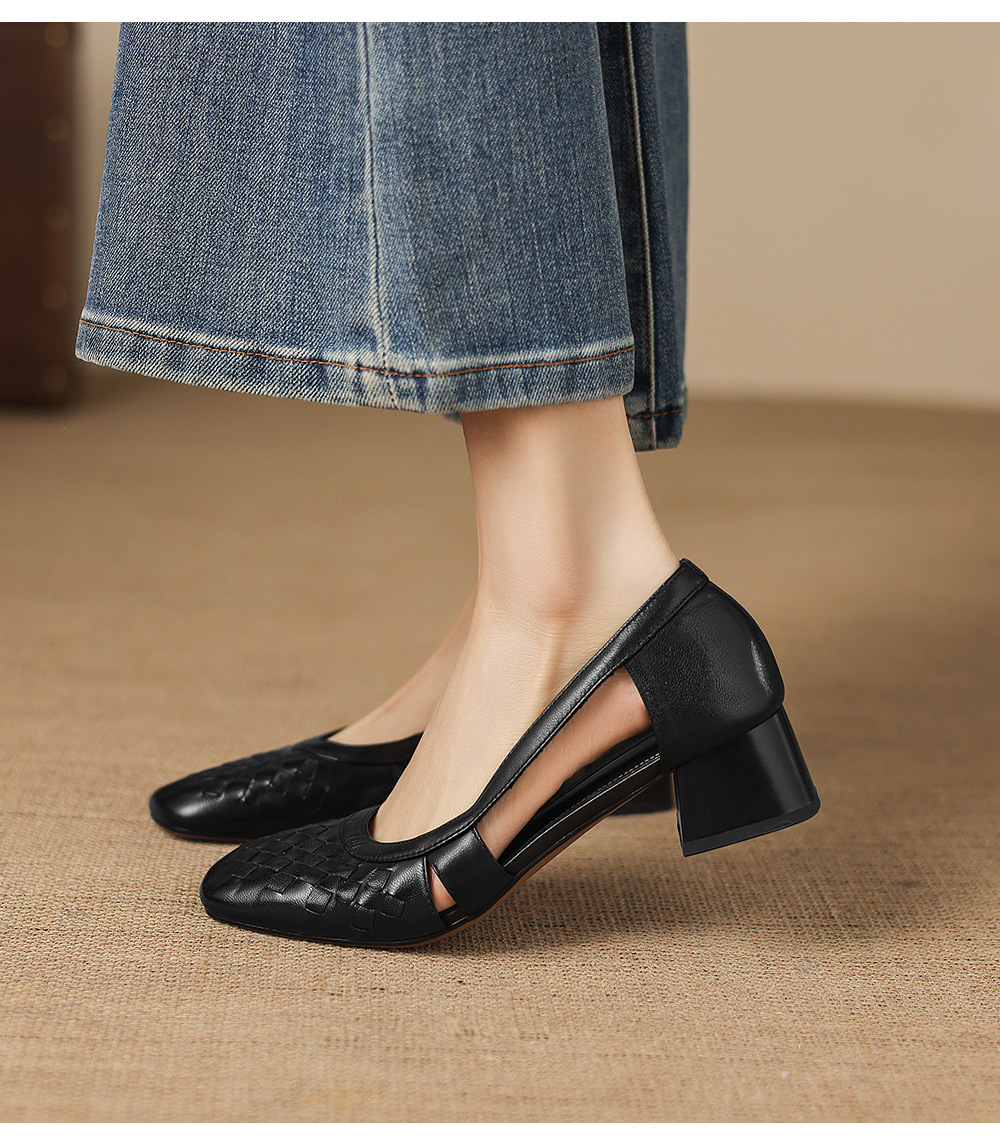 Giày sandal nữ mũi vuông gót thấp 3 cm, da cừu, hở mũi, phong cách thời trang — đen chi tiết 17