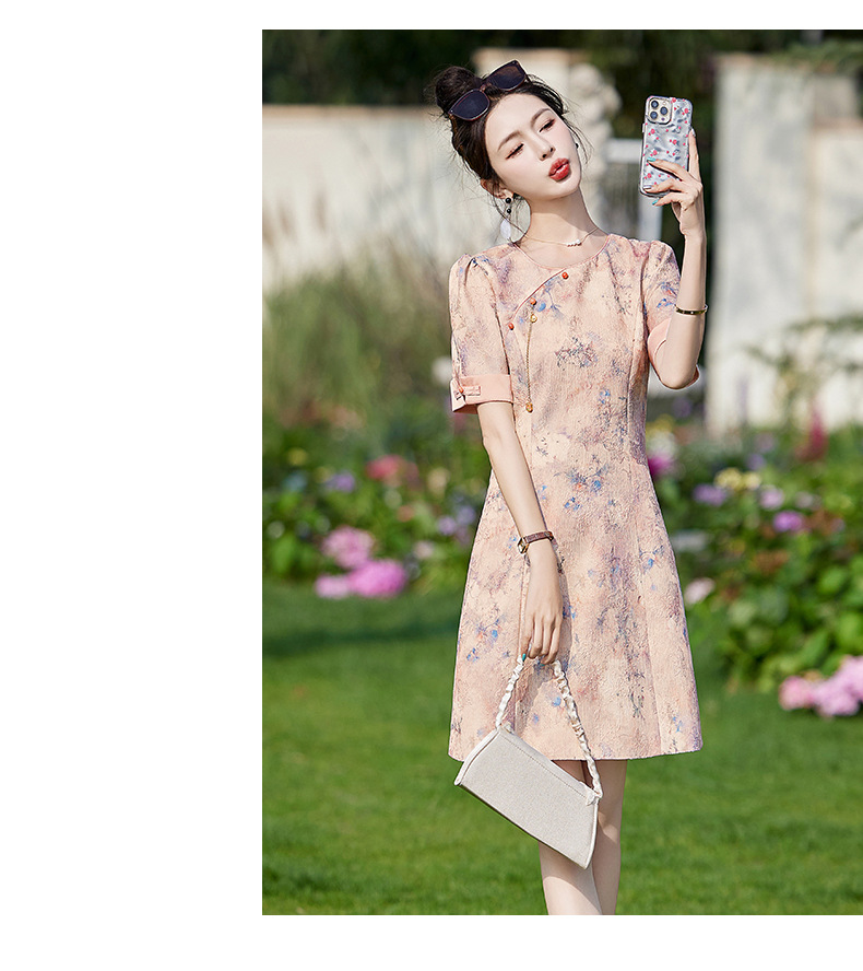 Váy sườn xám cải tiến phong cách Trung Quốc mới, thiết kế chữ A thanh lịch, mùa hè — Màu hồng, Màu xanh lá chi tiết 22