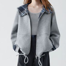 格纹拼接连帽卫衣外套女2025秋季新款设计感休闲通勤短上衣