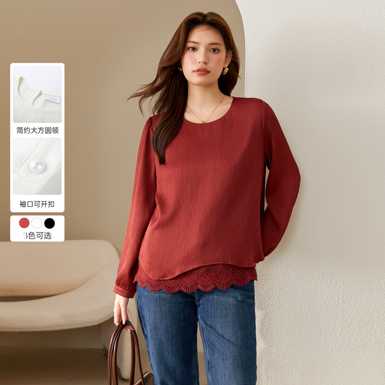 Fiber Show Large Size Women's French Lace Splicing Texture Sense of Gentle Style Shirt Fat mm2024 Autumn New Style