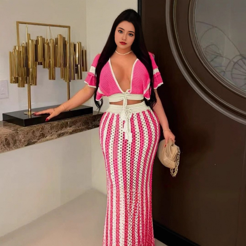 Fashion European and American Sexy Short Top Women's Blouse Slim High-Waisted Slimming Striped Sweater Knit Two-Piece Set