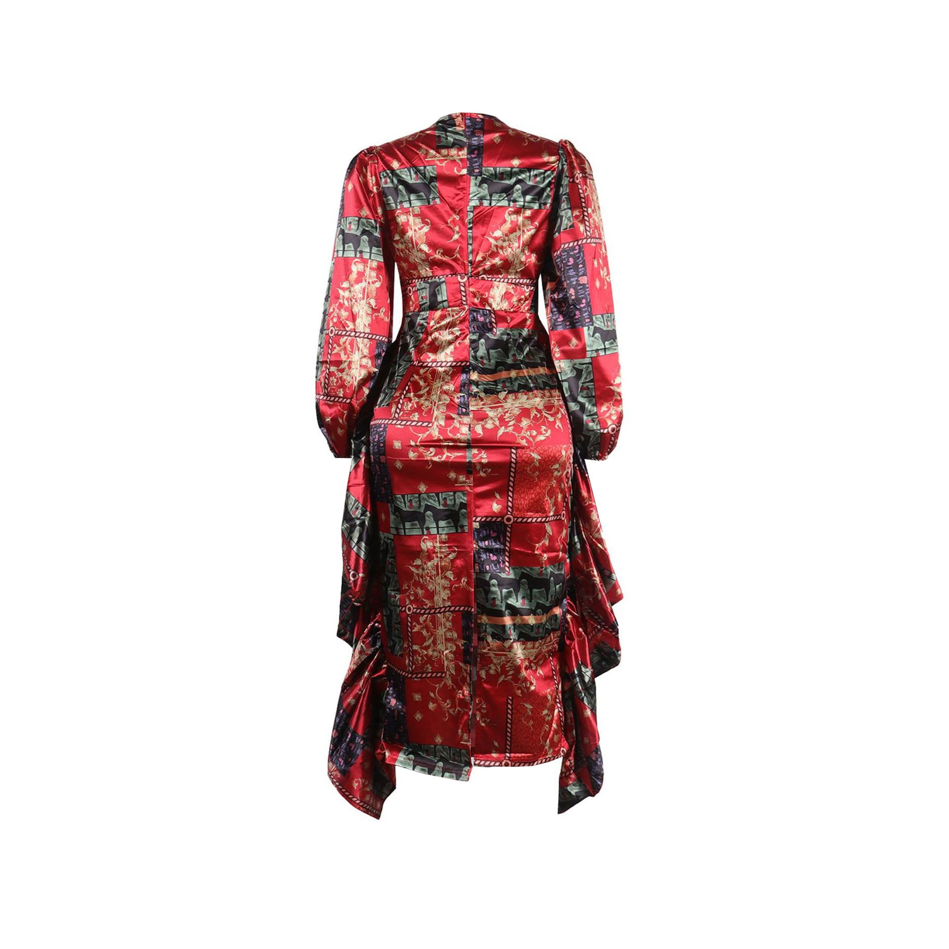 Women's Clothing Sexy Printed Ruffled Lantern Sleeve Hip Hugging Slim Fit Long Sleeve Dress_voghion.com