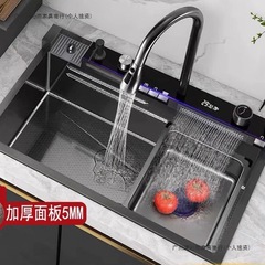 加厚厨房数显鲸鱼飞雨水槽大单槽双瀑布纳米蜂窝304不锈钢洗菜池
