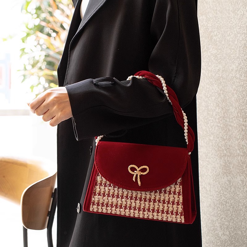Bolso de Novia de Terciopelo con Diseño de Pata de Gallo, Rojo, de Alta Gama, para Regalo de Boda, Uso Diario, Bandolera, 2025