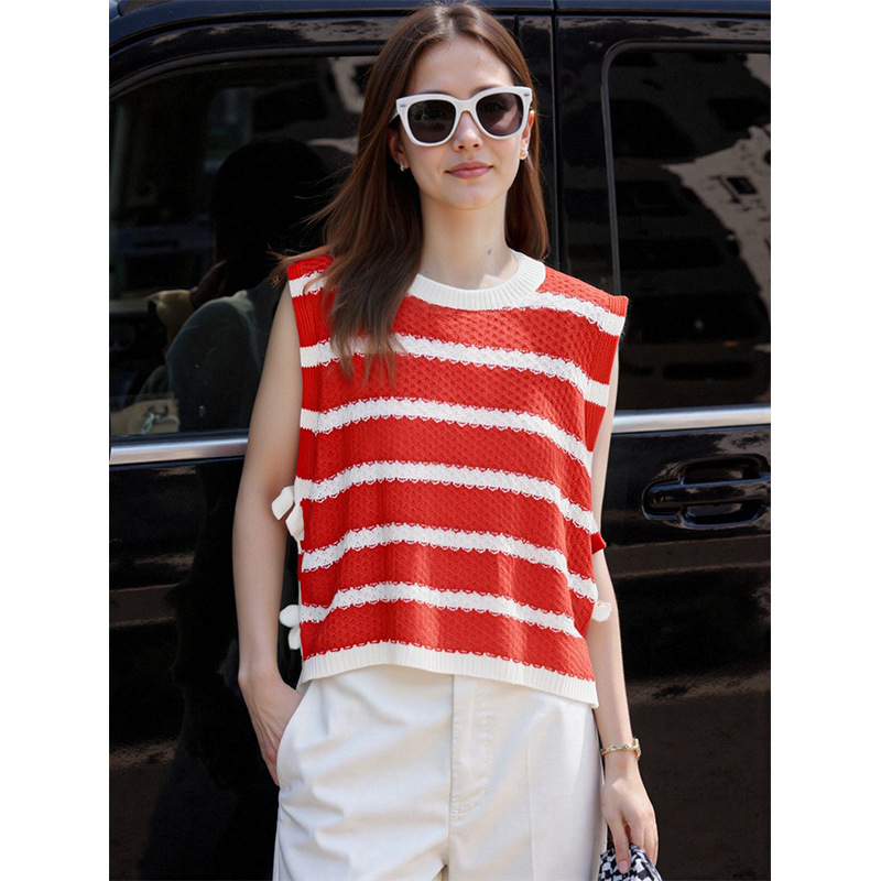 European and American Cross-Border Spring and Summer Hollow-Out Color-Blocked Tie-Side Knit Top Loose Round-Neck Sleeveless Vest for Women
