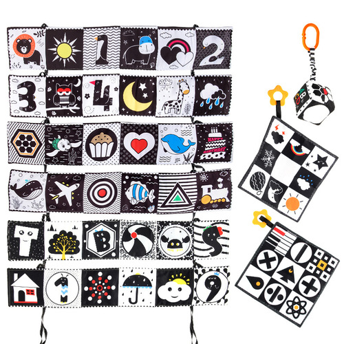 Baby bed surround early education cloth book toy baby lathe new black and white double-sided educational bed surround saliva towel pendant