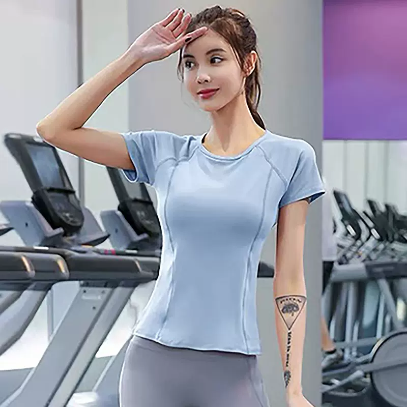 现货跑步运动罩衫上衣女夏季带胸垫款常规紫色短袖高端健身瑜伽服