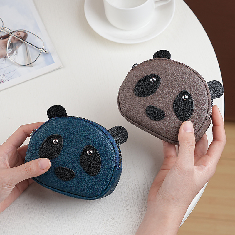 Cute panda pequeño bolso de cambio de cuero suave doble cremallera cabeza de monedas de cuero suave multifunción bolso de llaves para mujeres