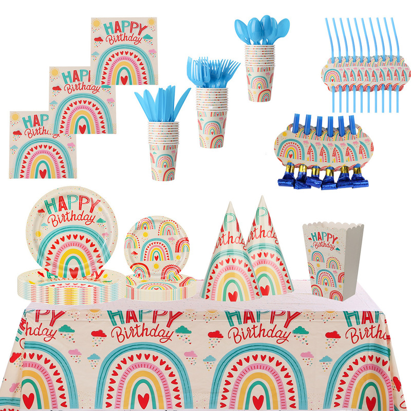 New in stock Rainbow Theme Colorful Christmas Children's Birthday Party Disposable Tableware suit Paper Cup Paper Plate New in stock Rainbow Theme Colorful Christmas Children's Birthday Party Disposable Tableware suit Paper Cup Paper Plate