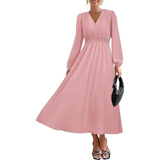 Women's Long Sleeve Long Dress Autumn Fashion Elegant V Neck High Waist Flowing Wedding Guest Formal Long Dress