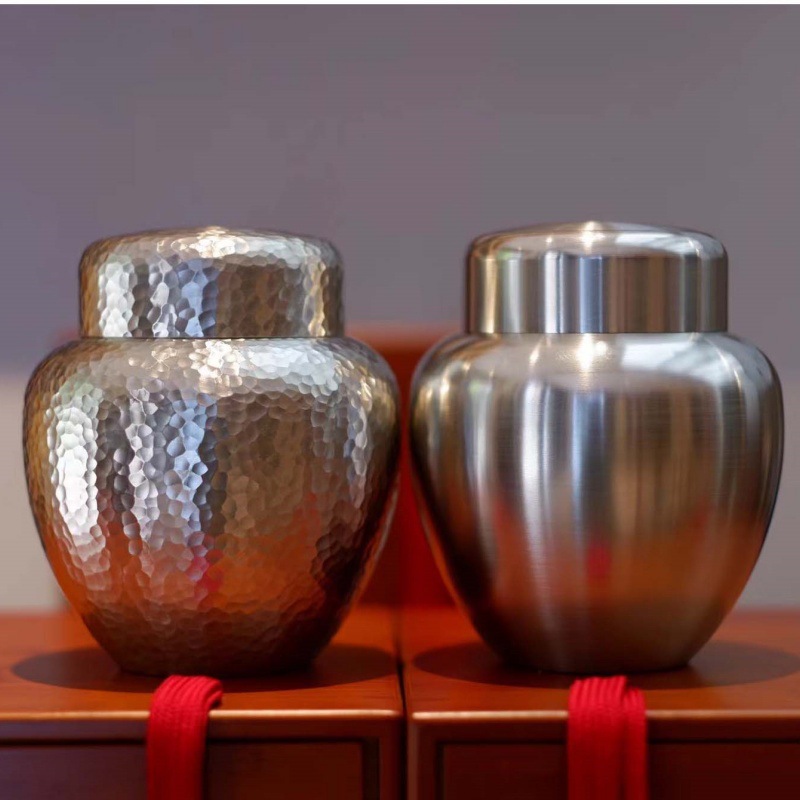 纯锡罐茶叶盒仿古坛形锤点元宝纯锡茶叶罐梅瓶金属旅行茶具双盖