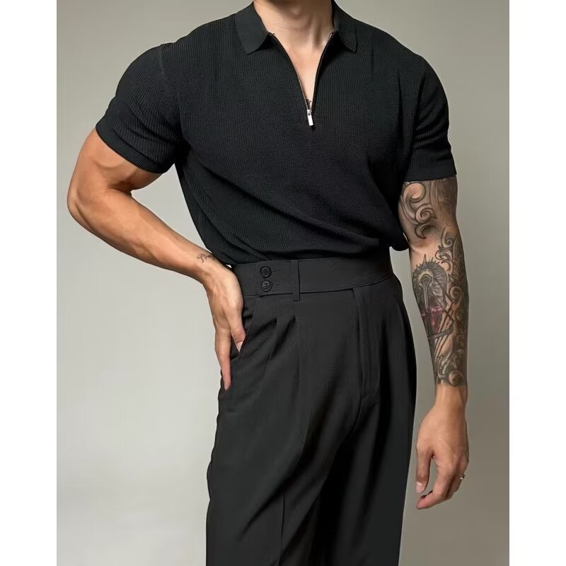 Polo de punto de manga corta para hombre con media cremallera, cuello tipo solapa, corte ajustado, camiseta de negocios, polo de media cremallera al por mayor para hombre