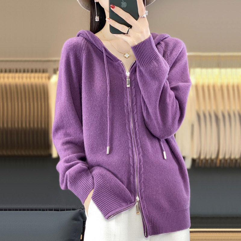 【厂家直供】秋季新款纯色连帽开衫针织外套女宽松短款毛衣外搭衫|undefined