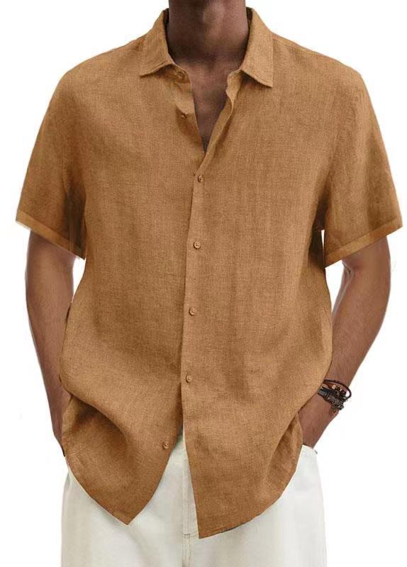 Camisa de Hombre Moderna de Verano 2025, Plataforma Independiente Wish, Éxito de Ventas en Amazon, Cuello en V, Botones, Algodón y Lino, Color Sólido