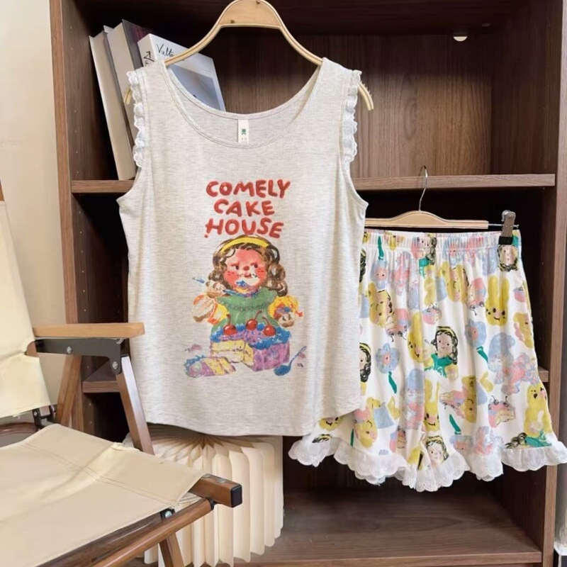 Pajamas with Chest Pads for Women, Soft Ribbed Knit Summer Tank Top and Shorts, Dopamine Thin Style Loungewear Set for Girls